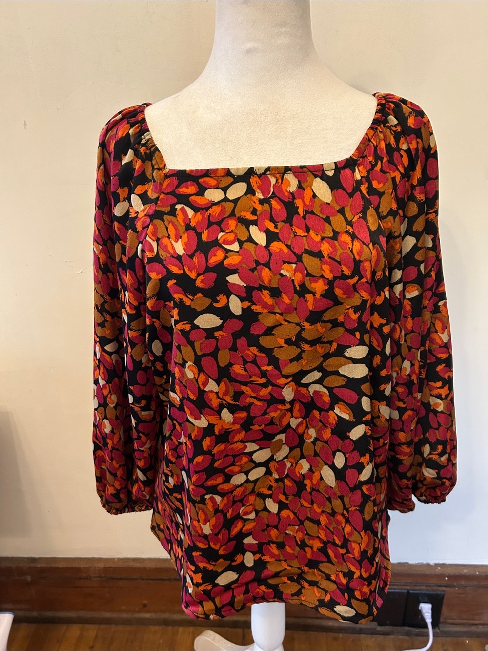 Liverpool Womens Square Neck Peasant Blouse in Multicolor Leaf Print Size S EUC